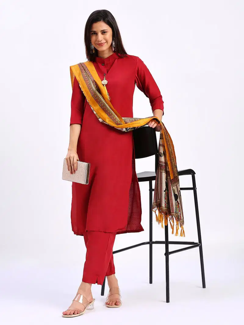 Vt Designer Solid Maroon Printed Cotton Kurti With Bottom Dupatta Wholesale Price In Surat
